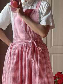 Delantal De Franela Rosa A Cuadros De Tamaño Grande, Con Lazos, Sencillo Y A La Moda - Rosa - Ver 2