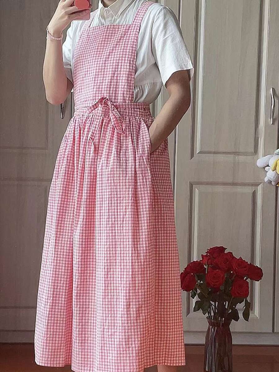 Delantal De Franela Rosa A Cuadros De Tamaño Grande, Con Lazos, Sencillo Y A La Moda - Rosa - Ver 1