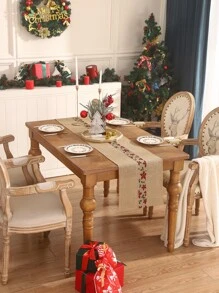 Miater 1pc Natural Linen Christmas Decoration Table Runner - Green - View 6