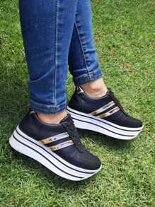 Tenis de plataforma alta color negro cómodos - Negro - Ver 4