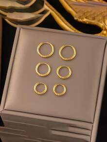 6入組/套歐美時尚簡約圓形造型鈦鋼耳釘 - 金黃色 - 查看 1