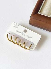 6入組/套歐美時尚簡約圓形造型鈦鋼耳釘 - 金黃色 - 查看 3