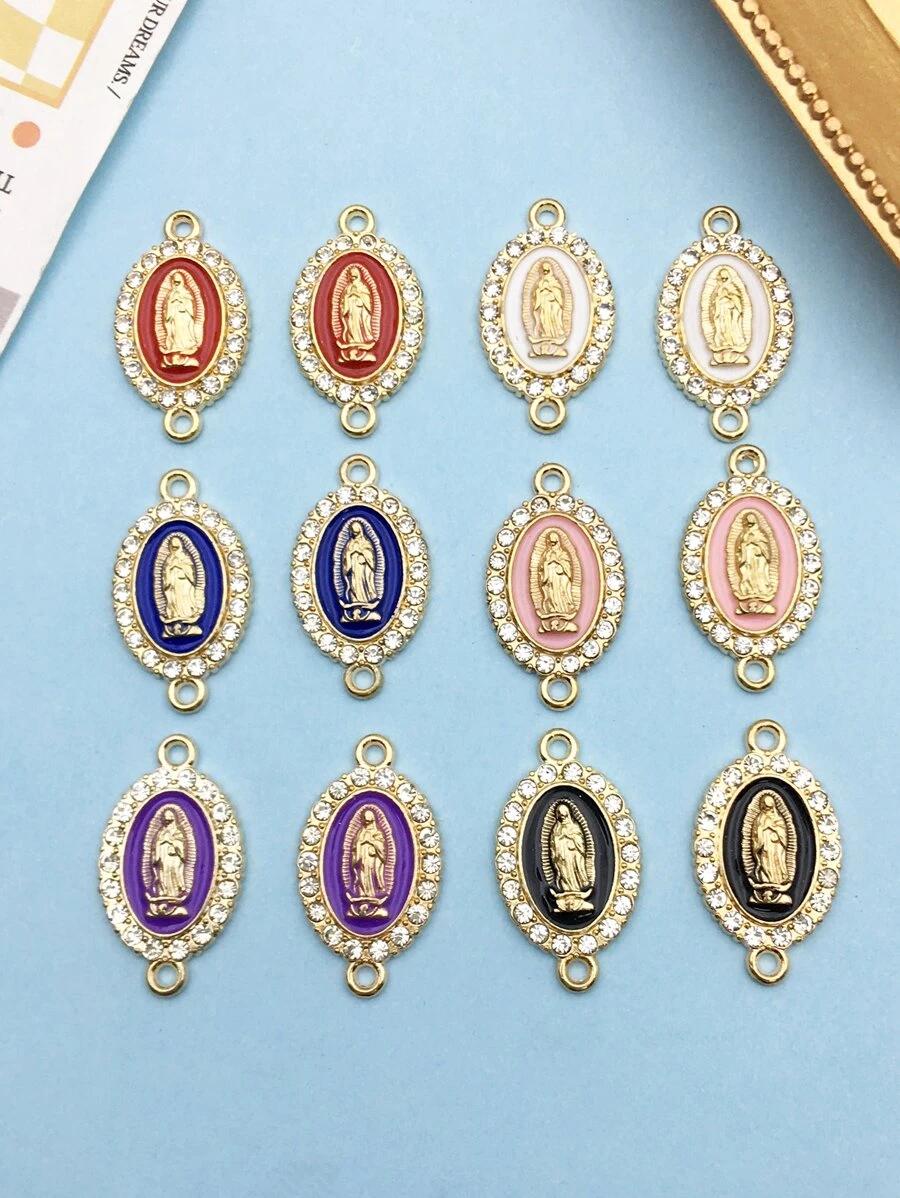 12入組隨機混合風格的搪瓷印花聖母項鍊diy双孔吊墜,用於手鍊項鍊珠寶制作配件的發現