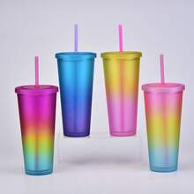 1pc 700ml Rainbow Colored Plastic Double-layered Drinking Cup With Frosted Texture, Straw, And Portable Design Suitable For Outdoor Sports - Royal Blue - View 2