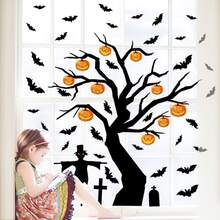Halloween Bat Wall Sticker, Pumpkin Tree Static Cling, Bar & Haunted House Decoration Ghost Tree Glass Sticker, Party Window Decor - Black - View 3
