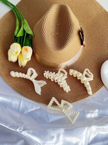 1pc Five Flowers Faux Pearl Color Hair Clip Elegant Halloween - White - View 2