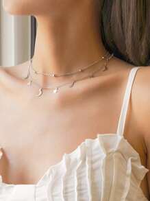 1入組簡約風時尚雙層月亮,星星,釘珠形狀鍍金和銀鎖骨鏈條 - 銀色 - 查看 2
