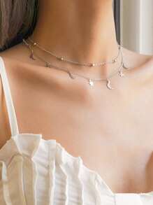 1入組簡約風時尚雙層月亮,星星,釘珠形狀鍍金和銀鎖骨鏈條 - 銀色 - 查看 1