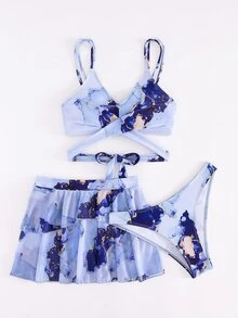 Marble Print Wrap Ruffle Hem Bikini Set With Beach Skirt Summer - Multicolor - View 3