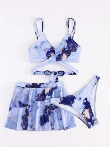 Marble Print Wrap Ruffle Hem Bikini Set With Beach Skirt Summer