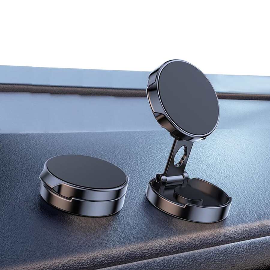 1pc Powerland Black Magnetic Round Folding Bracket, 360°Rotation, Adjustable Angle, Compatible With All Kinds Of Mobile Phones - Black - View 1