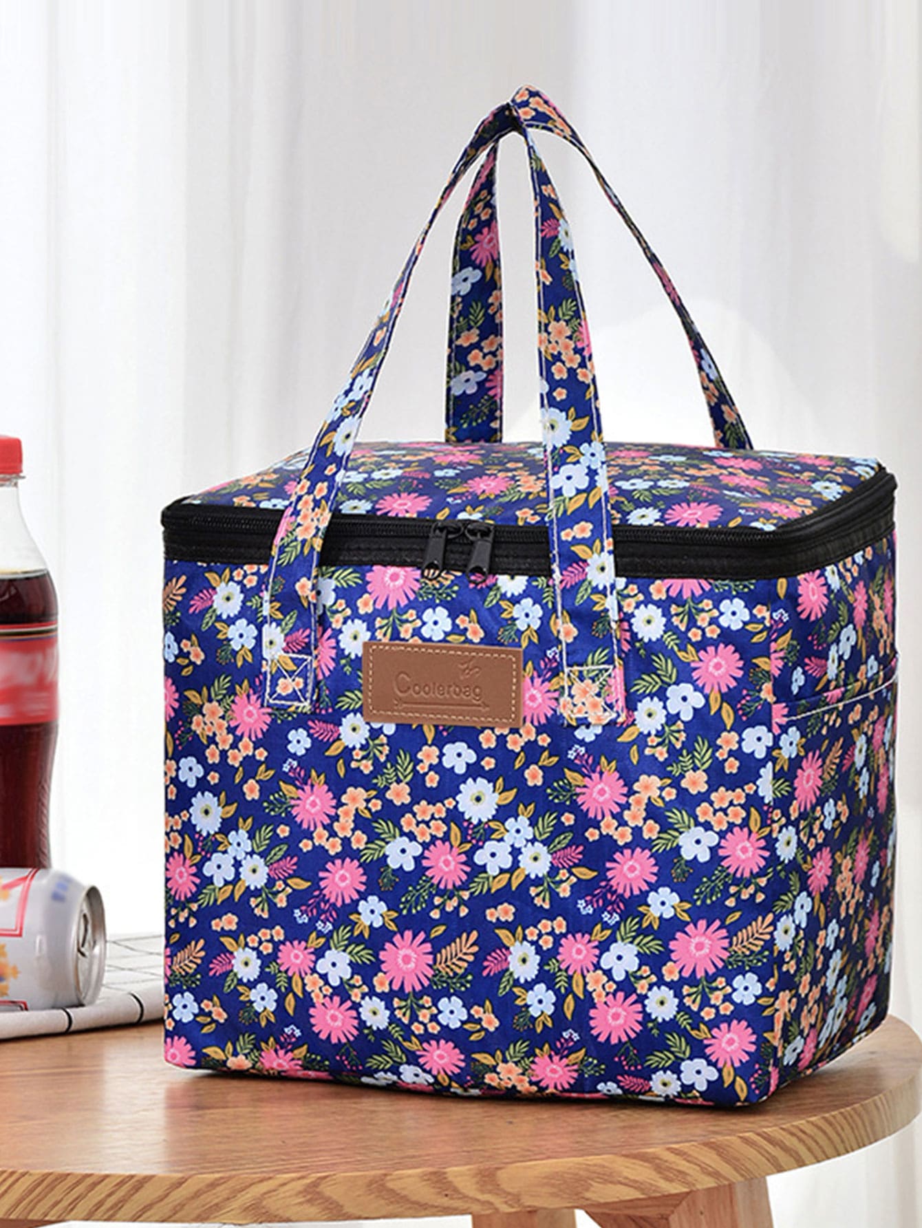 件印刷戶外野餐午餐袋，帶冰袋，適合辦公室和學校，隔熱便攜式午餐盒手提袋 - 藏蓝色 - 查看 1