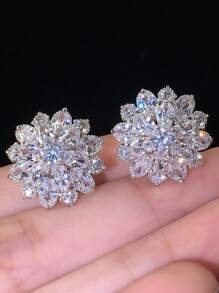 1 Pair Flower Cubic Zirconia Stud Earrings Women For Engagement Wedding Party Female Ear Fashion Jewelry Valentines,Mom,Mother,Mother's Day,Gift