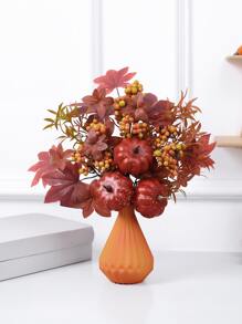 1 pieza Calabaza artificial, Hierba real, Ramo de 5 tallos de hojas de arce - Para decoración de florero en el hogar u oficina, Ambiente de decoración de Acción de Gracias y Cosecha de Otoño - Multicolor - Ver 6