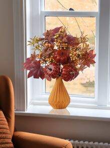 1 pieza Calabaza artificial, Hierba real, Ramo de 5 tallos de hojas de arce - Para decoración de florero en el hogar u oficina, Ambiente de decoración de Acción de Gracias y Cosecha de Otoño - Multicolor - Ver 2