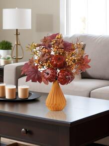 1 pieza Calabaza artificial, Hierba real, Ramo de 5 tallos de hojas de arce - Para decoración de florero en el hogar u oficina, Ambiente de decoración de Acción de Gracias y Cosecha de Otoño - Multicolor - Ver 8