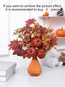 1 pieza Calabaza artificial, Hierba real, Ramo de 5 tallos de hojas de arce - Para decoración de florero en el hogar u oficina, Ambiente de decoración de Acción de Gracias y Cosecha de Otoño - Multicolor - Ver 5