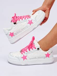 Fashion New Outdoor Women's Star Pattern Sneakers,Summer Preppy Look Lace Up Casual Sports Shoes - White - View 1