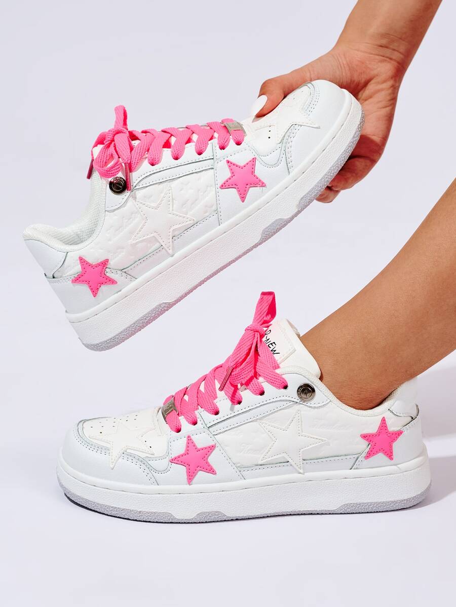 Fashion New Outdoor Women's Star Pattern Sneakers,Summer Preppy Look Lace Up Casual Sports Shoes - White - View 1