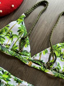 椰子树印花编织带三角杯丁字裤比基尼套装夏季 - 杏色 - 查看 5