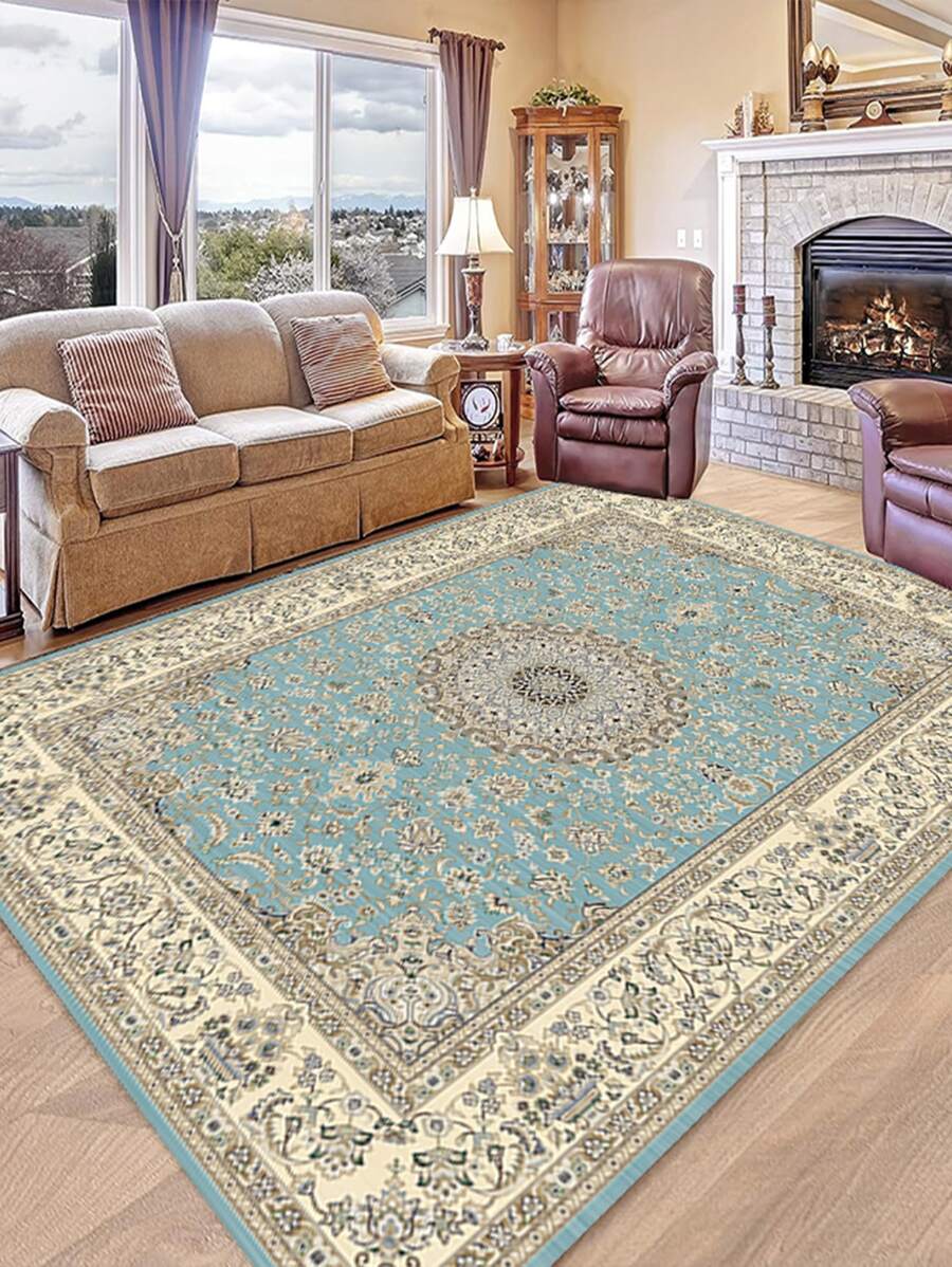 1入組水晶絨材質地氈底布,天藍波希米亞風格印花地毯,柔軟易清潔,防滑墊,適用於客廳區域 - 寶藍色 - 查看 1