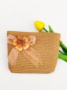 2pcs/Set Ladies' Floral Headband Decorated Khaki Woven Sun Hat And Woven Bag Combination, Fashionable And Fresh Style, Suitable For Outdoor Travel, Beach, With Sun Protection And Uv Protection, Convenient To Carry, The Hat Can Be Folded Boho Valentine's Day Valentines Valentines Gift - Khaki - View 4
