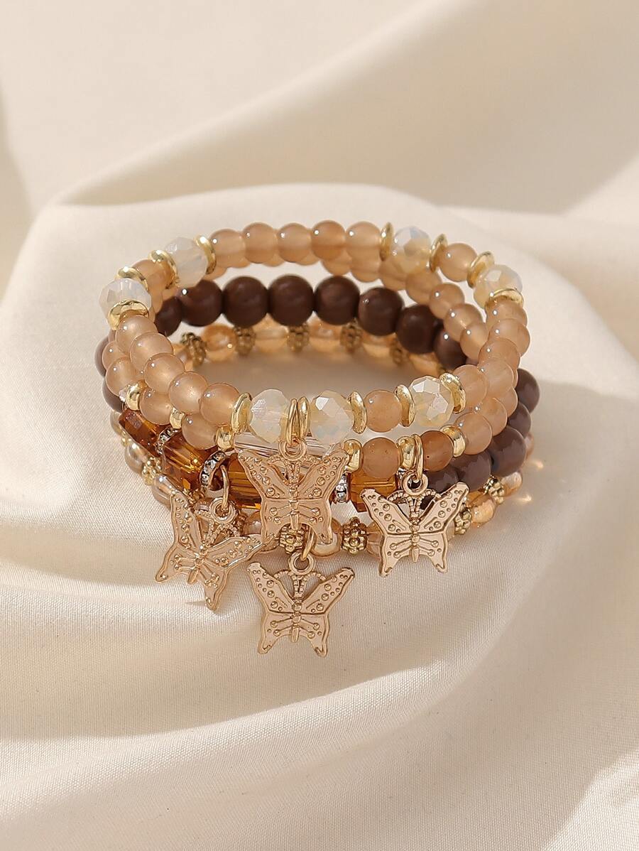 4 chiếc Đĩa hoa thủy tinh thủ công theo phong cách Bohemian Mặt dây chuyền hình con bướm Bộ vòng tay đàn hồi dành cho phụ nữ, Phong cách đi nghỉ mát trên bãi biển, Vị trí của mặt dây chuyền hình con bướm là ngẫu nhiên