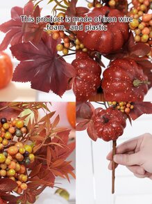 1 pieza Calabaza artificial, Hierba real, Ramo de 5 tallos de hojas de arce - Para decoración de florero en el hogar u oficina, Ambiente de decoración de Acción de Gracias y Cosecha de Otoño - Multicolor - Ver 4