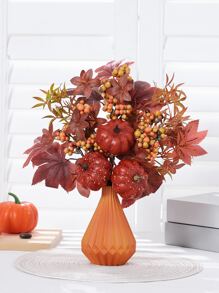 1 pieza Calabaza artificial, Hierba real, Ramo de 5 tallos de hojas de arce - Para decoración de florero en el hogar u oficina, Ambiente de decoración de Acción de Gracias y Cosecha de Otoño - Multicolor - Ver 7