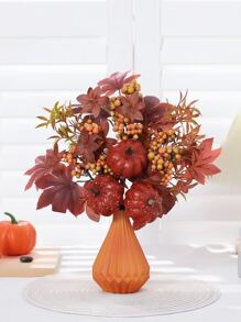 1 pieza Calabaza artificial, Hierba real, Ramo de 5 tallos de hojas de arce - Para decoración de florero en el hogar u oficina, Ambiente de decoración de Acción de Gracias y Cosecha de Otoño - Multicolor - Ver 1