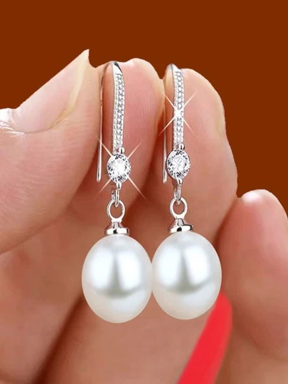 1pair Women's Silver Round Shaped & Teardrop Faux Pearl Stud Earrings, Simple & Stylish For Weddings And Parties Elegant. Valentine's Day Accessories