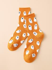 1pair Women's Funny Ghost Pattern Mid-Calf Socks, Halloween - Ginger - View 2