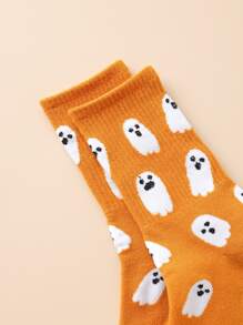 1pair Women's Funny Ghost Pattern Mid-Calf Socks, Halloween - Ginger - View 4