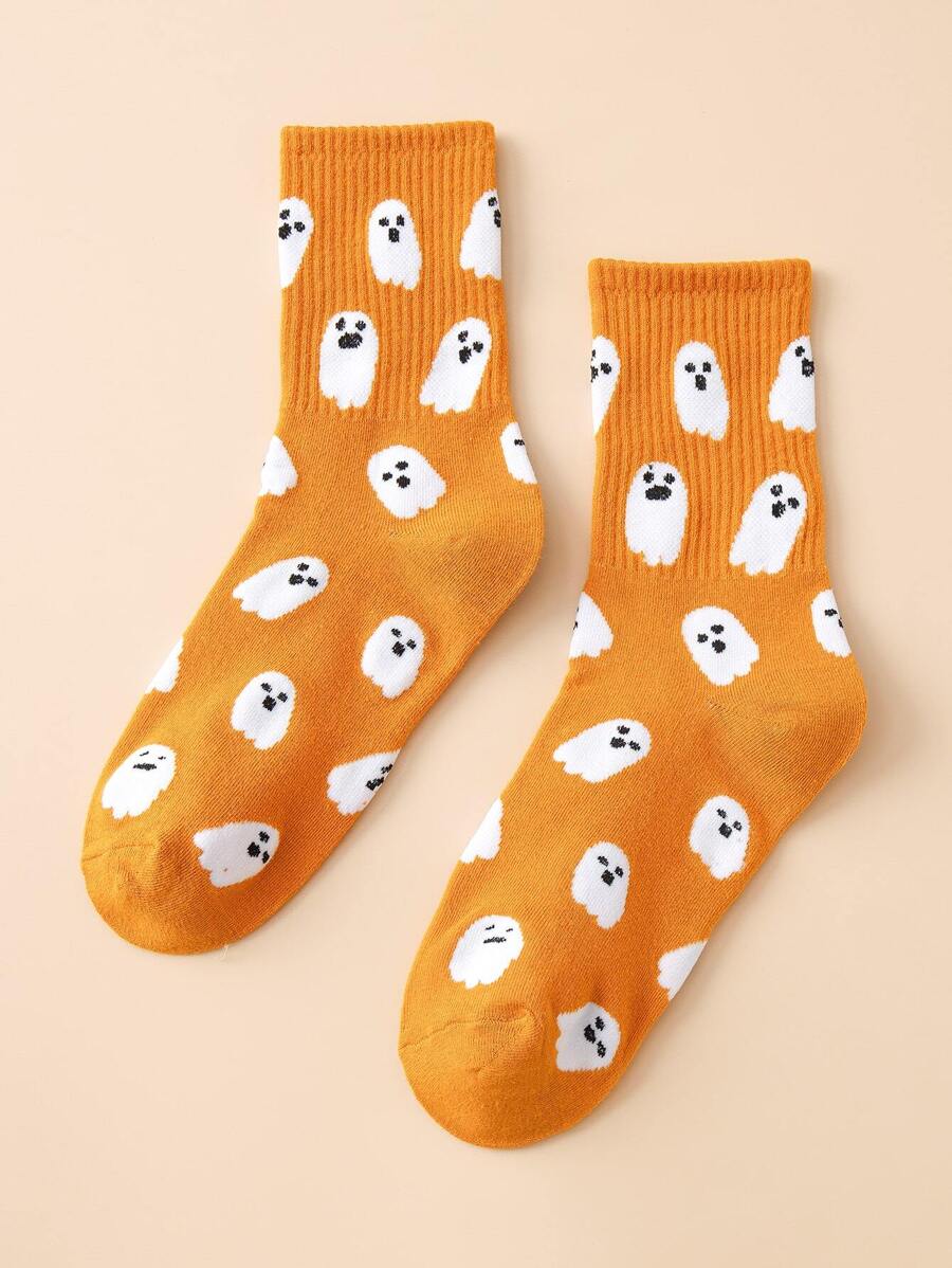 1pair Women's Funny Ghost Pattern Mid-Calf Socks, Halloween - Ginger - View 1