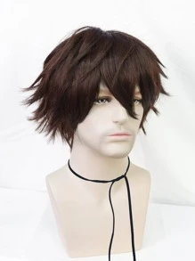 1pc Men Short Straight Cosplay Synthetic Wig With Bangs & 1pc Wig Cap - Brown - View 3