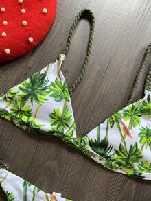 椰子树印花编织带三角杯丁字裤比基尼套装夏季 - 杏色 - 查看 4