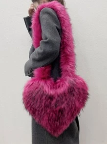 1個毛絨毛大容量貝殼形手提袋,心形和星形設計,復古風格的單肩斜挎包,y2k流行毛絨手提包,適用於女士。情人節送給女友和女士的最佳禮物,適合購物和日常使用