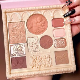 浮雕天使10色眼影盤,鑲有蕾絲邊,珍珠,閃粉,霧面腮紅輪廓