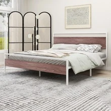 Modern Industrial Bed Frame Metal Platform With Rustic Wooden Headboard And Footboard - White - View 2