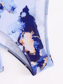 Marble Print Wrap Ruffle Hem Bikini Set With Beach Skirt Summer - Multicolor - View 5