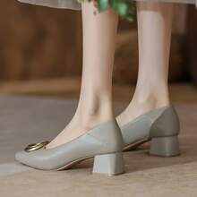 女士金屬扣尖頭滑步高跟鞋,粗跟鞋底,純色,pu皮革鞋面,適用於春秋季節 - 灰色 - 查看 2