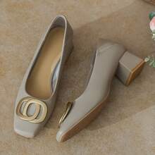 女士金屬扣尖頭滑步高跟鞋,粗跟鞋底,純色,pu皮革鞋面,適用於春秋季節 - 灰色 - 查看 5