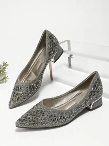 FRIFUL Zapatos de punta redonda estilo coreano con rhinestones para mujer, suela suave, tacón bajo y diseño francés de moda, talla grande - Gris - Ver 8
