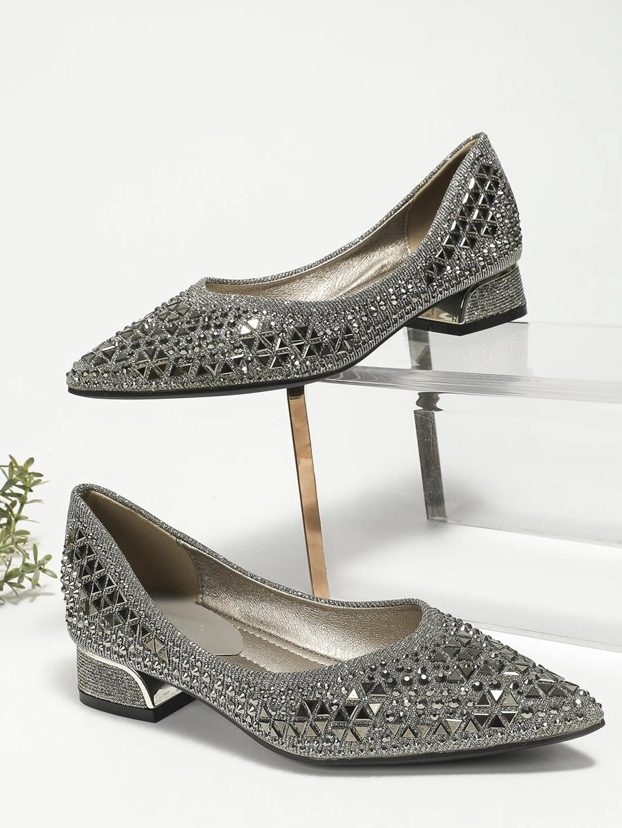 FRIFUL Zapatos de punta redonda estilo coreano con rhinestones para mujer, suela suave, tacón bajo y diseño francés de moda, talla grande - Gris - Ver 1