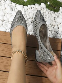 FRIFUL Zapatos de punta redonda estilo coreano con rhinestones para mujer, suela suave, tacón bajo y diseño francés de moda, talla grande - Gris - Ver 2