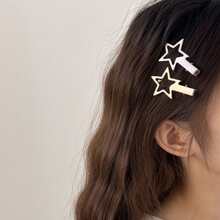 2pcs Metallic Drawbench Star Shaped Hair Clips, Simple Y2k Style Bangs/ Side Clips Street Tiaras, Hair Accessories, Hair Barrettes Claw Clips, School Stuff, Head Accessories - Silver - View 5
