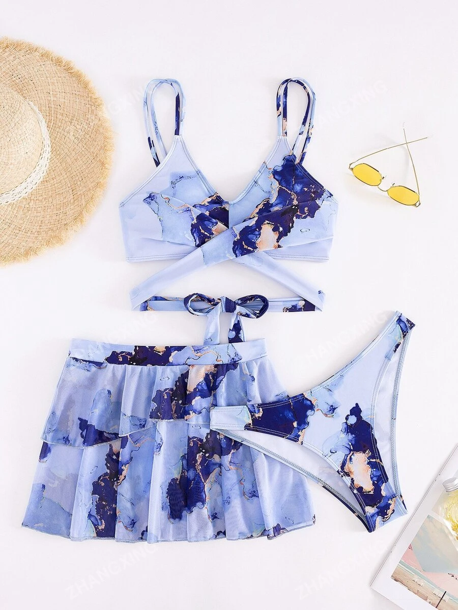 Marble Print Wrap Ruffle Hem Bikini Set With Beach Skirt Summer