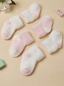 3 Pairs Baby Girls' Pink Cute Warm Terry Mid-Calf Socks, Suitable For Winter - Multicolor - View 2