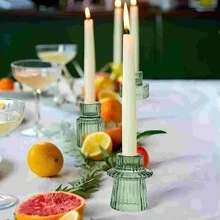 3-Piece Set Of Green Glass Candlesticks With Vertical Stripes, Dual-Purpose Candlesticks, Glass Candlestick Cups, Thick Candles And Thin Candles, Dual-Purpose High-End Candle Cups, Household Candlestick Ornaments,Halloween,Spooky,Autumn, Winter,Holiday,Festival,Room Decor,Gifts Birthday Graduation