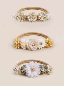 3pcs Beige Tone Chrysanthemum Design Elastic Hair Ties For Kids 3-12 Years Old, Seamless And Decorative - Beige - View 2